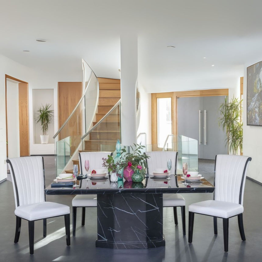 Tortona Marble Dining Table Set for 6 to 8 Diners 180cm Rectangular Black Top with Pedestal Base - Milazzo Chairs