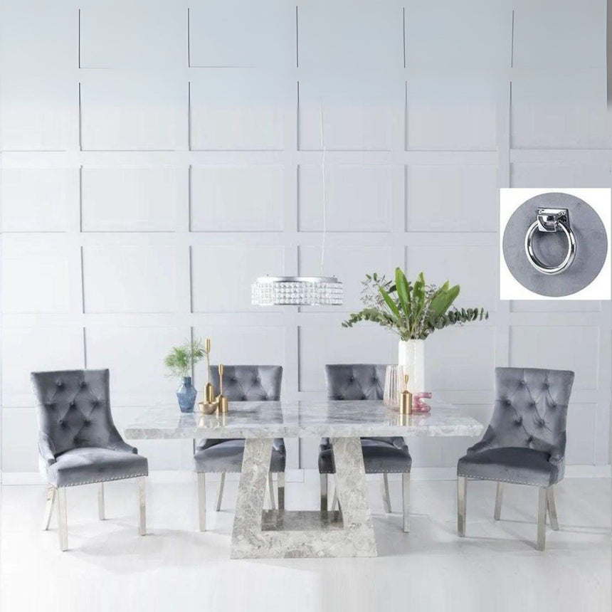 Loreto Grey Marble Dining Set - Grey Fabric Knocker Back Chairs