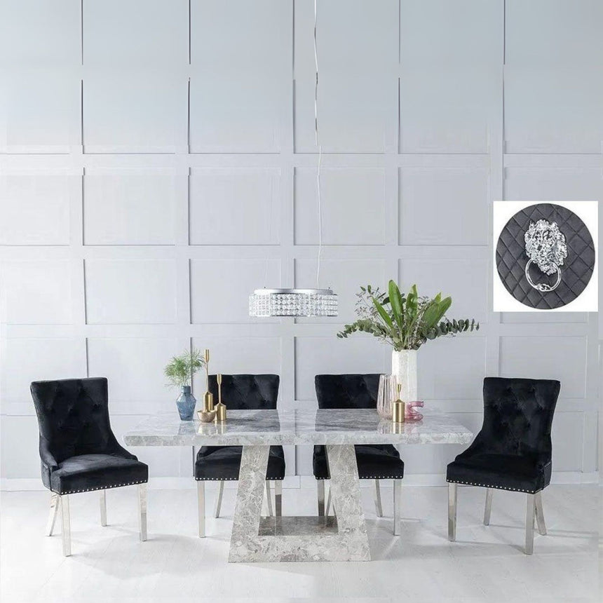 Pesaro Grey Marble Dining Set - Fabric Lion Knocker Back Chairs