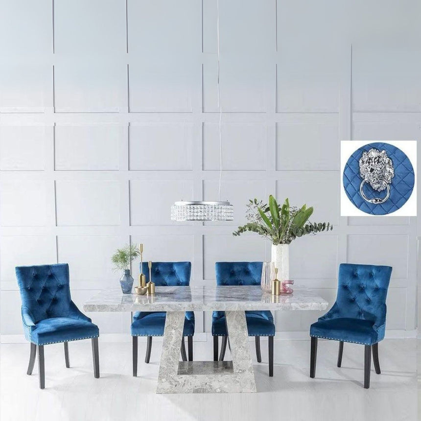 Loreto Grey Marble Dining Set - Blue Fabric Lion Knocker Back Chairs