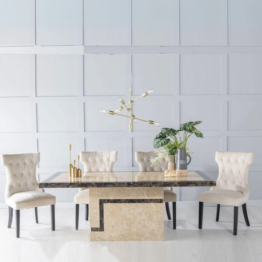 Taranto Cream Marble Dining Set - Brixen Champagne Fabric Chairs