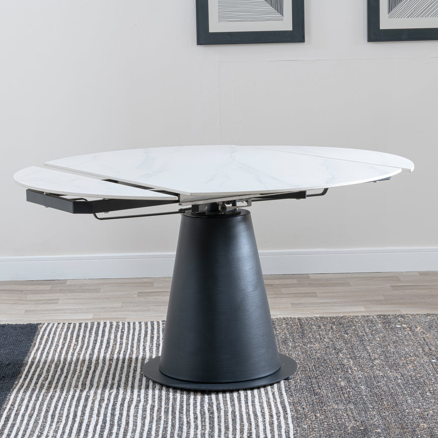 Vallo 135cm White Ceramic Round Dining Table with Black Pedestal Base