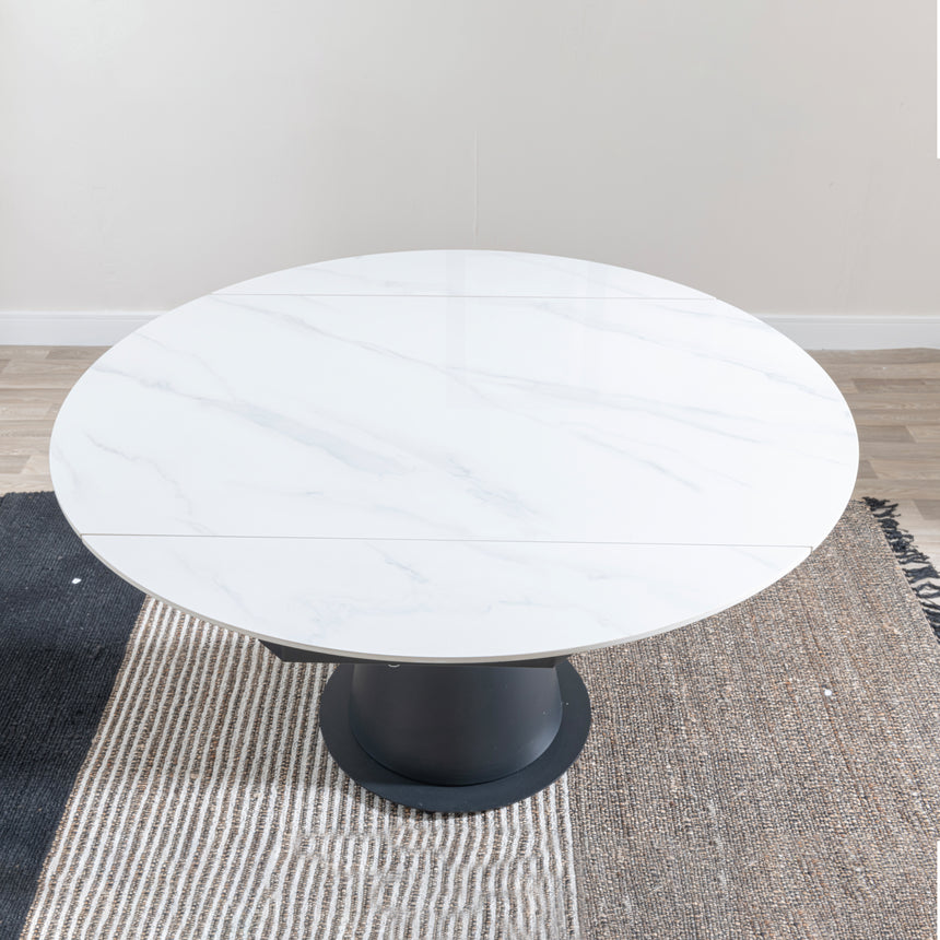 Vallo 135cm White Ceramic Round Dining Table with Black Pedestal Base