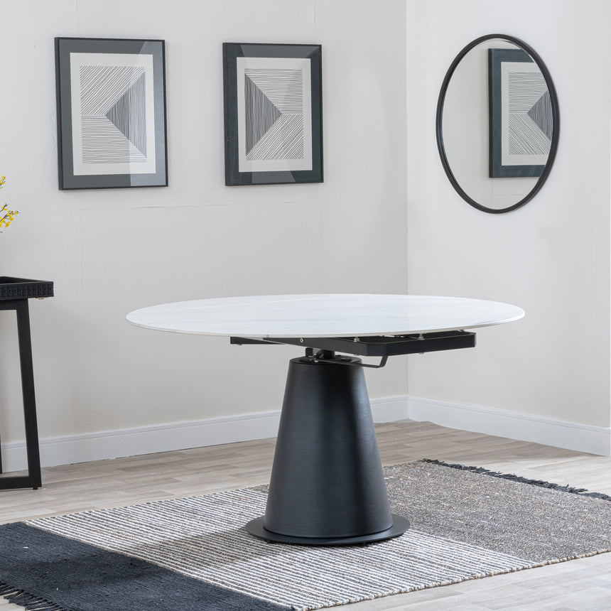 Vallo 135cm White Ceramic Round Dining Table with Black Pedestal Base