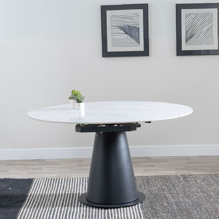 Vallo 135cm White Ceramic Round Dining Table with Black Pedestal Base