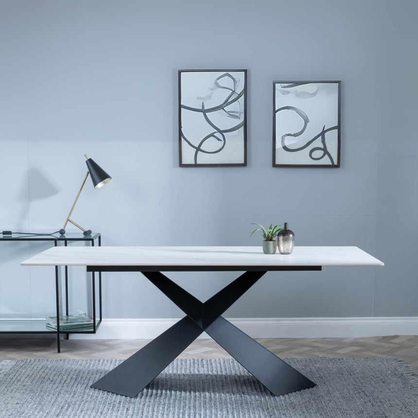 Veneto 180cm White Ceramic Dining Table with Black Cross Base