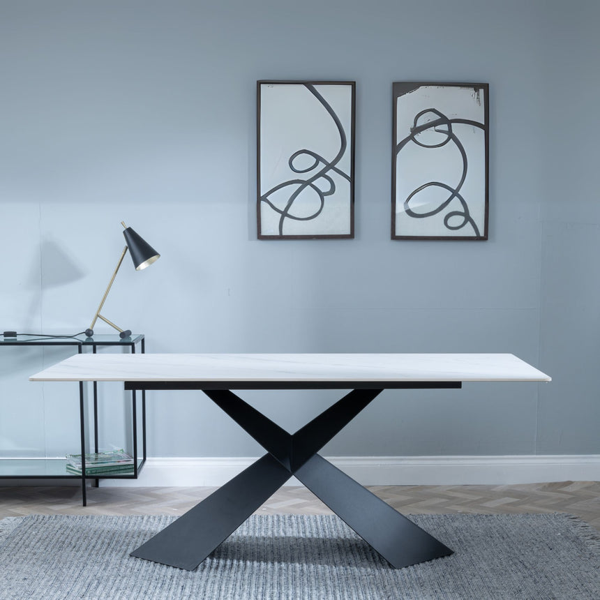 Veneto 180cm White Ceramic Dining Table with Black Cross Base