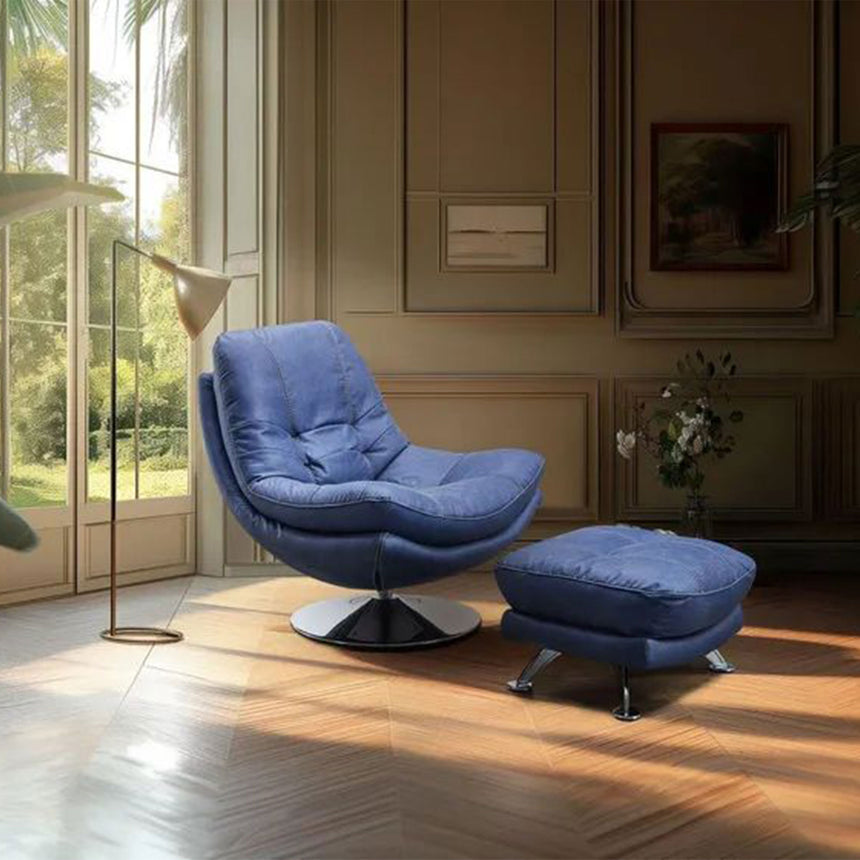 Trani Denim Blue Leather Look Fabric Swivel Chair and Footstool