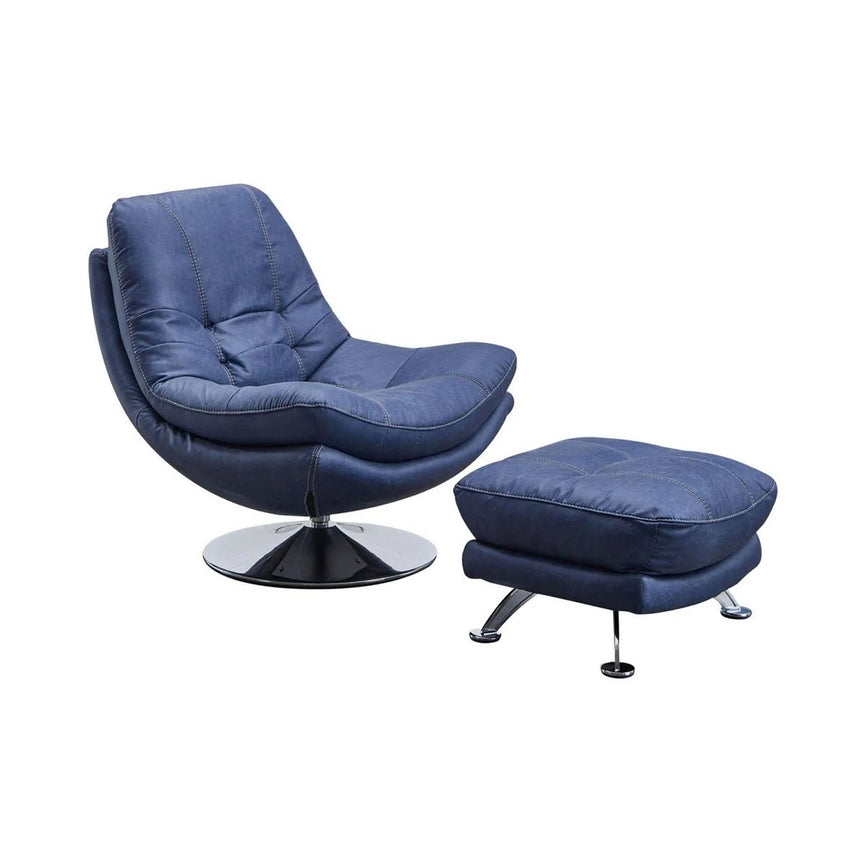 Trani Denim Blue Leather Look Fabric Swivel Chair and Footstool