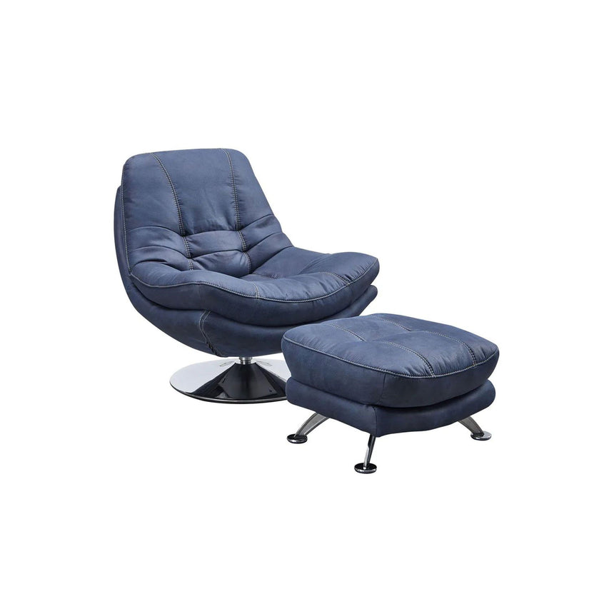 Trani Midnight Blue Leather Look Fabric Swivel Chair and Footstool