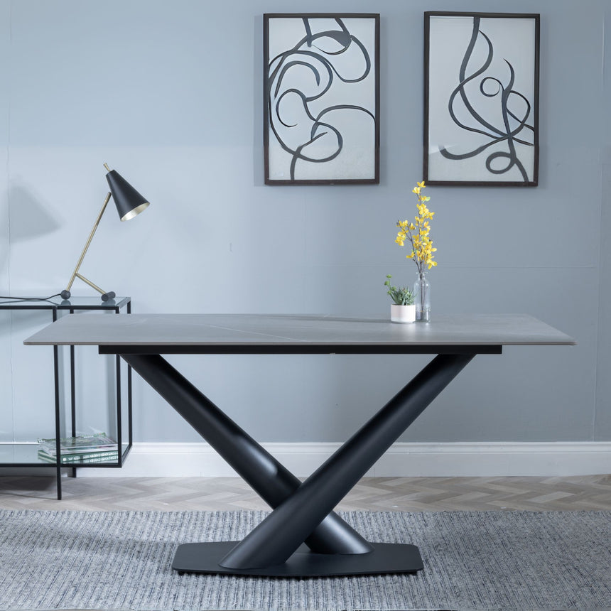 Verona 160cm Grey Ceramic Dining Table with Black V Base