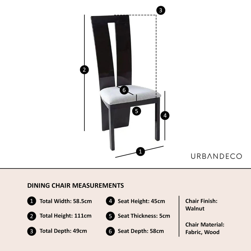 Set of 2 Altadena  Dining Chair, Wooden High Gloss with High Back and Grey Seat Pads