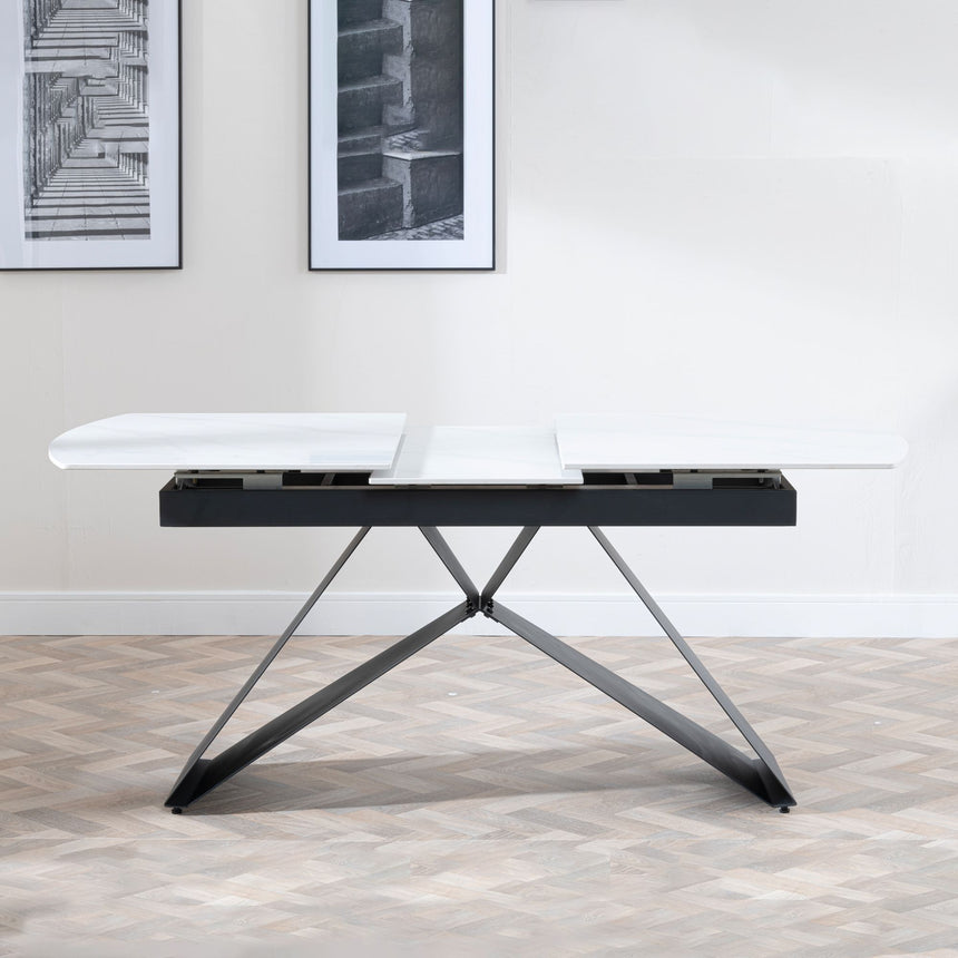 Wedge White Ceramic Extending Dining Table with Black Cross Base - 140cm-180cm