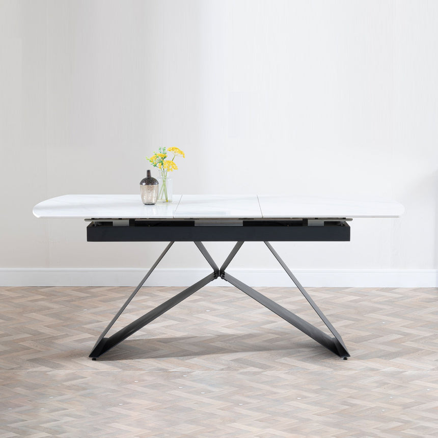 Wedge White Ceramic Extending Dining Table with Black Cross Base - 140cm-180cm