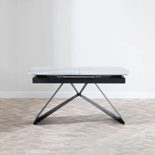 Wedge Ceramic Extending Dining Table with Black Cross Base - 140cm-180cm