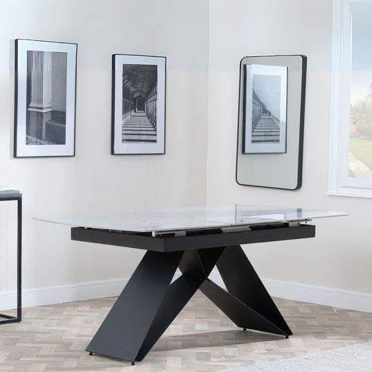 Wedge Ceramic Extending Dining Table with Black Cross Base - 140cm-180cm