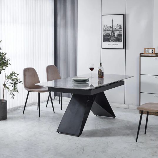 Wedge Ceramic Extending Dining Table with Black Cross Base - 140cm-180cm