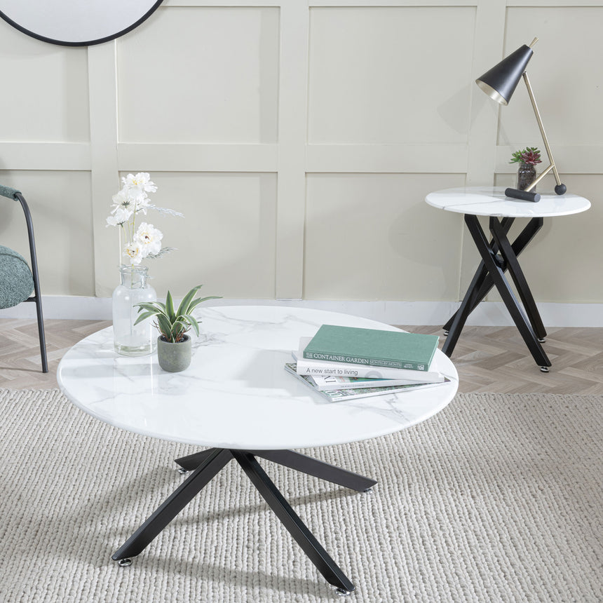 Ravenna Glass Round Coffee Table with Black Metal Chopstick Legs