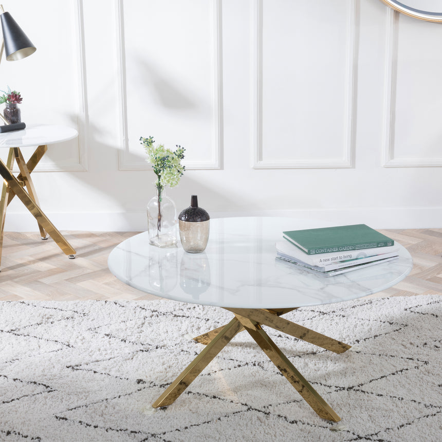 Venezia Glass Round Coffee Table with Gold Metal Chopstick Legs