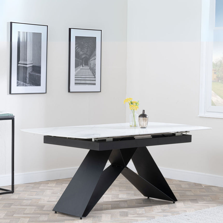 Wedge White Ceramic Extending Dining Table with Black Cross Base - 140cm-180cm