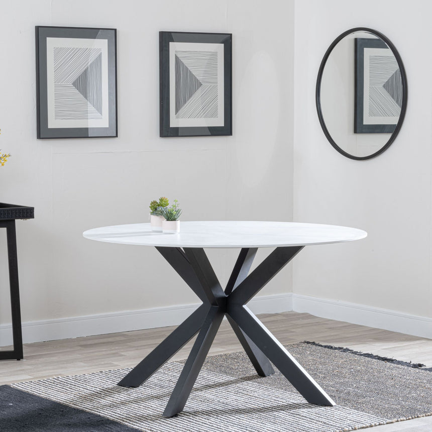 Rosine 130cm White Ceramic Round Dining Table with Black Cross Base