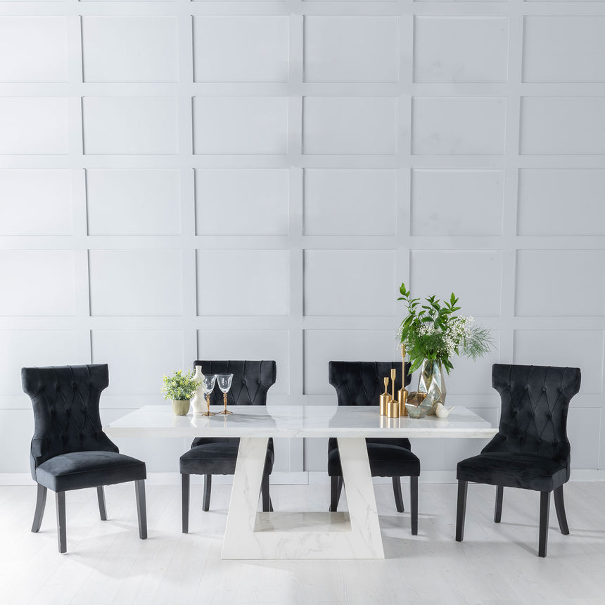 Pesaro White Marble Dining Set - Brixen Black Fabric Chairs