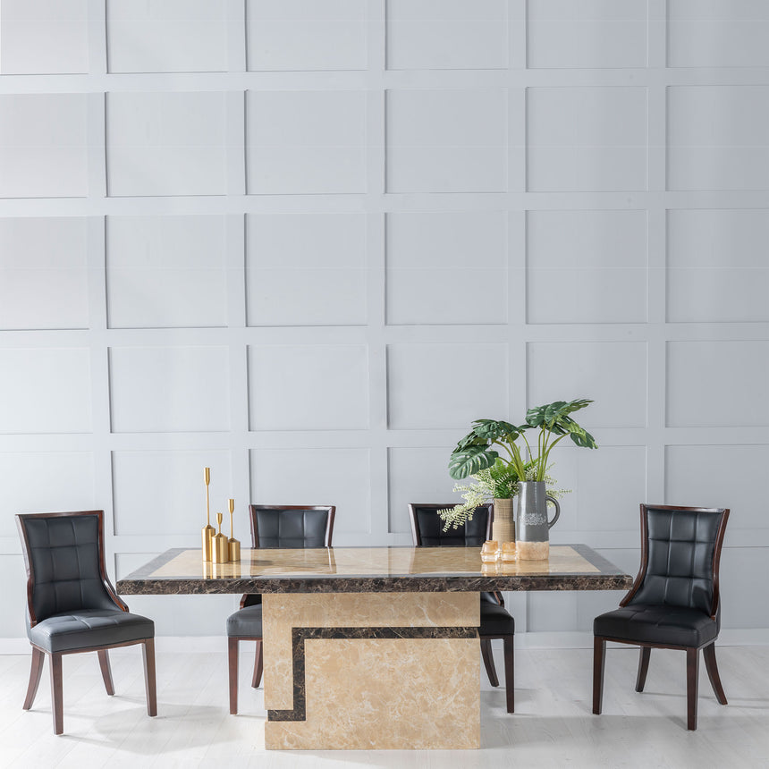 Taranto Cream Marble Dining Set - Sandia Black Faux Leather Chairs