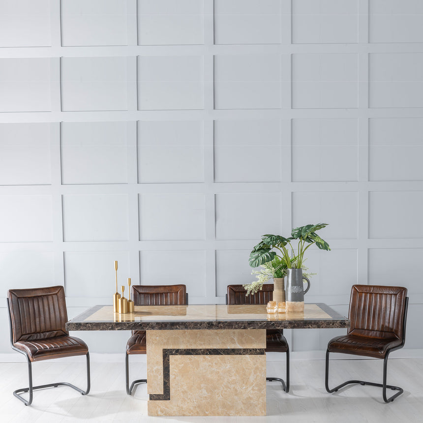 Taranto Cream Marble Dining Set - Umbria Industrial Brown Leather Chairs