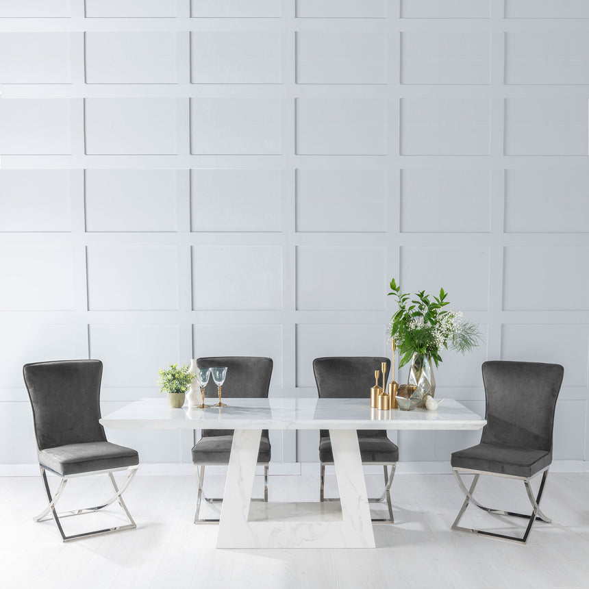 Pesaro Marble Dining Table Set, Rectangular White Top and Triangular Pedestal Base with Lyons Grey Fabric Chairs