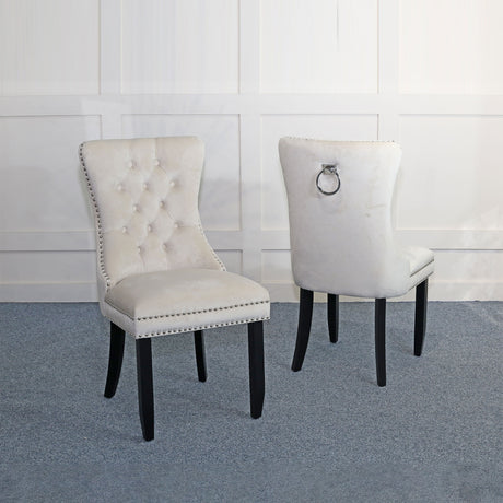 Set of 2 Trion Knocker Back Velvet Fabric Dining Chair with Black Wooden Legs