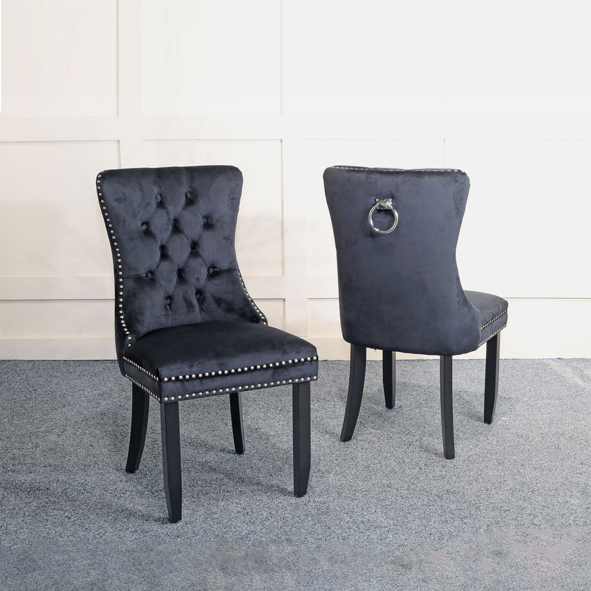 Set of 2 Trion Knocker Back Velvet Fabric Dining Chair with Black Wooden Legs