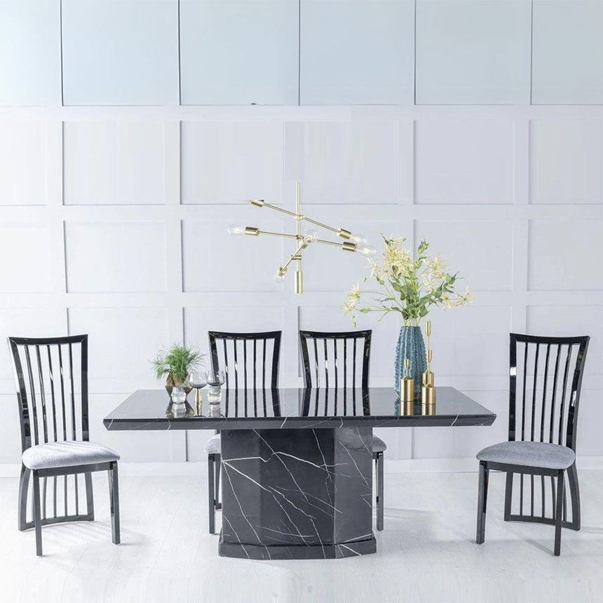 Tortona Black Marble Dining Set - Abruzzo Black High Gloss with Beige Fabric Chairs