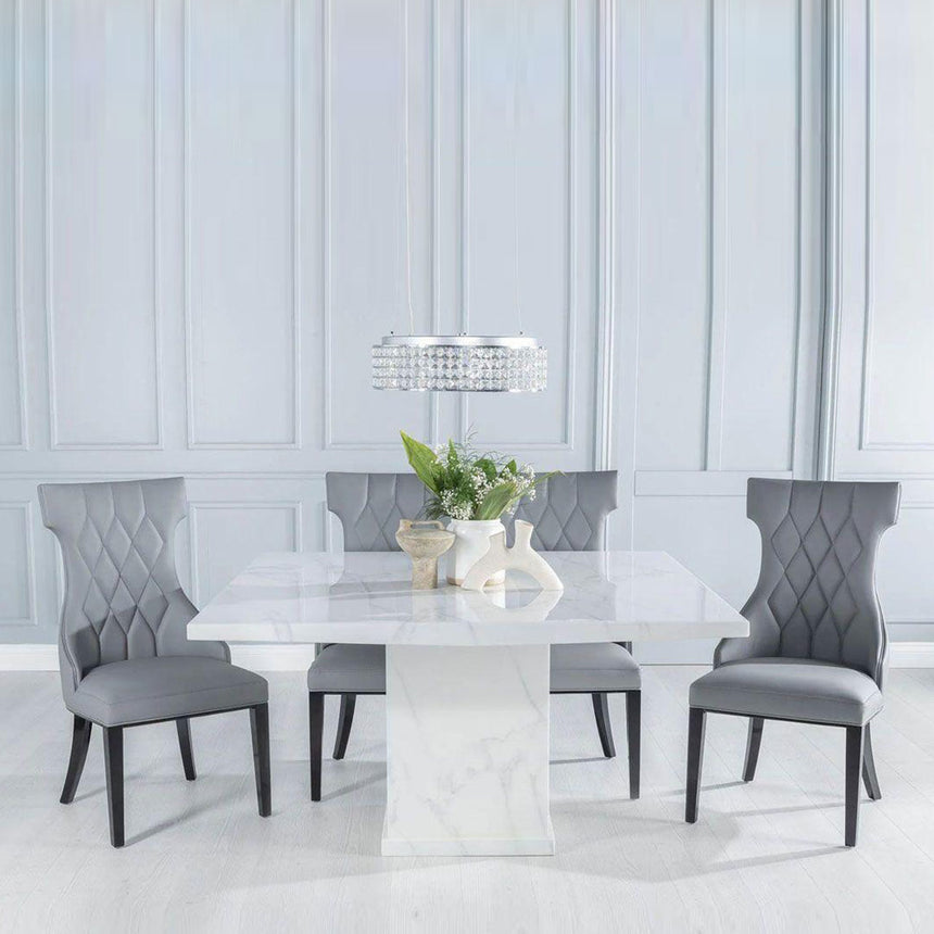 Giovanni 140cm Square White Marble Dining Set - Parish Faux Leather Chairs