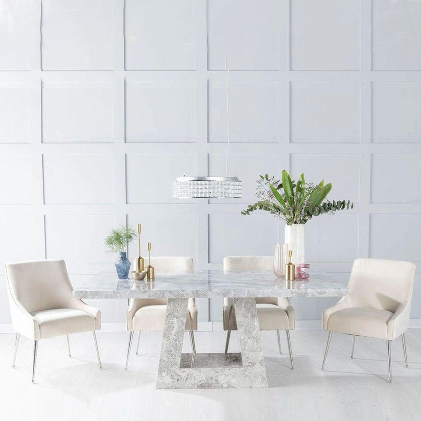 Loreto Grey Marble Dining Set - Terni Champagne Fabric Chairs