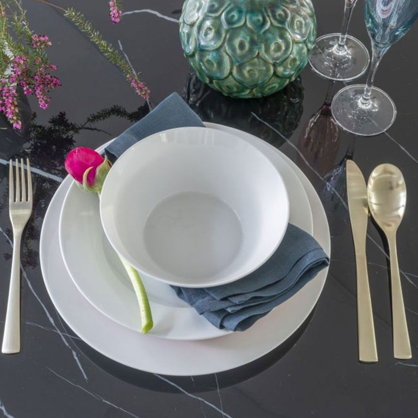 Tortona Marble Dining Table Set, Rectangular Black Top and Pedestal Base with Catania Cream Faux Leather Chairs