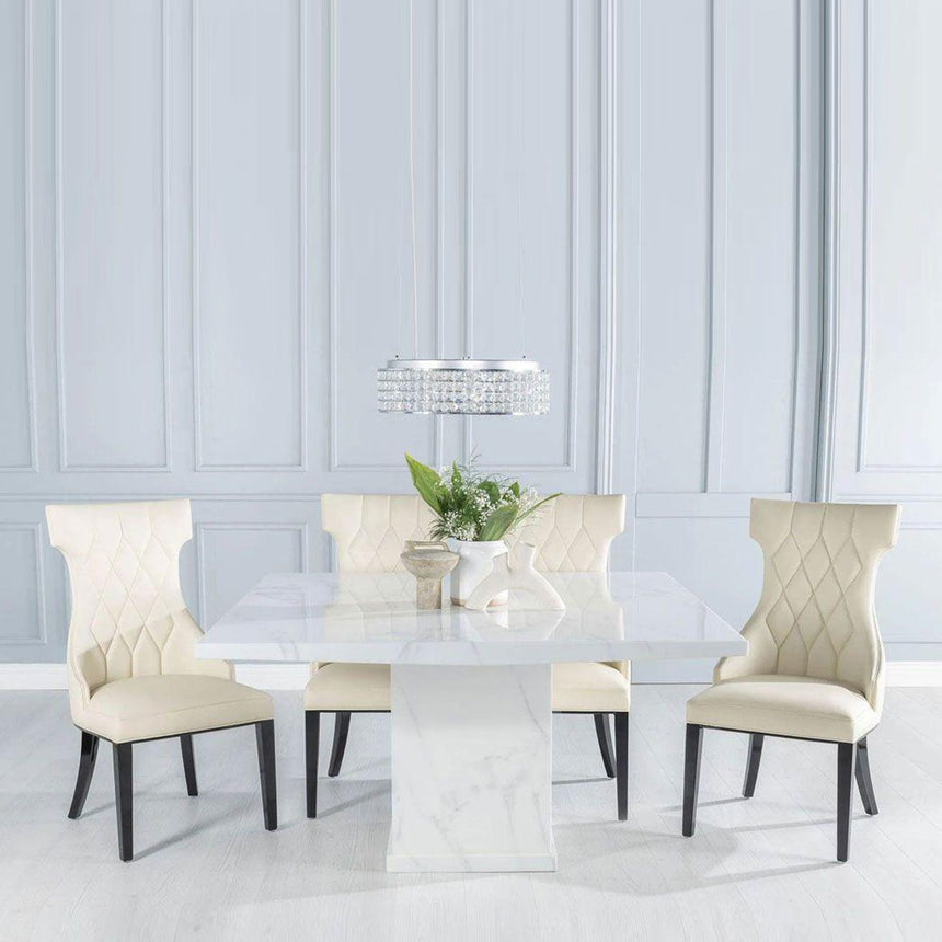 Giovanni 140cm Square White Marble Dining Set - Parish Faux Leather Chairs