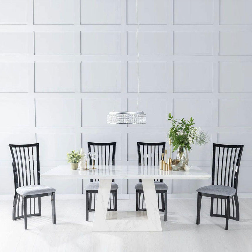 Pesaro White Marble Dining Set - Abruzzo Black and Beige Fabric Chairs