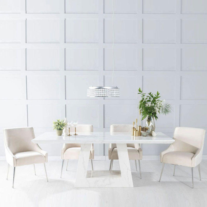 Pesaro White Marble Dining Set - Terni Fabric Chairs