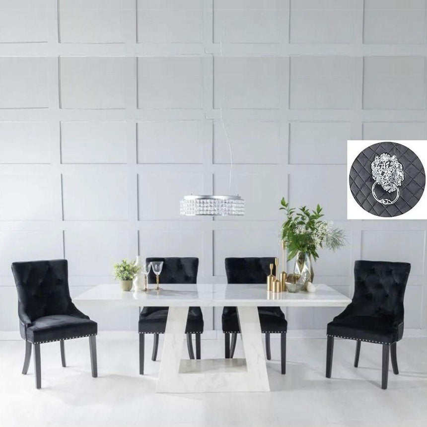 Pesaro White Marble Dining Set - Fabric Lion Head Ring Back Chairs with Black Legs