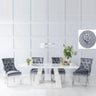 Pesaro White Marble Dining Set - Fabric Lion Head Ring Back Chairs with Chrome Legs