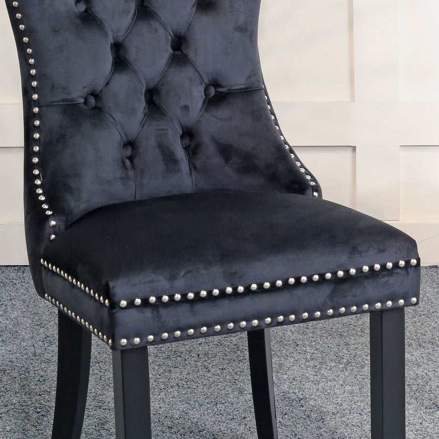 Set of 2 Trion Knocker Back Velvet Fabric Dining Chair with Black Wooden Legs