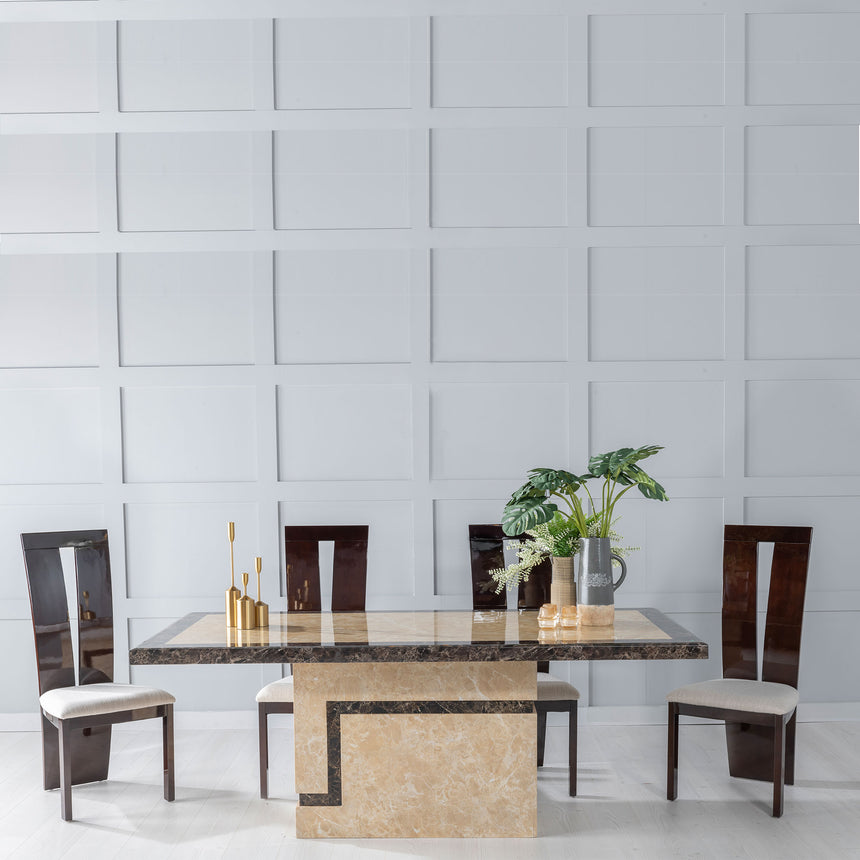 Taranto Cream Marble Dining Set - Altadena Walnut High Gloss with Beige Chairs