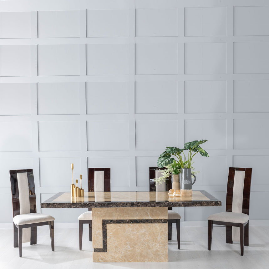 Taranto Cream Marble Dining Set - Adrano Walnut High Gloss with Beige Chairs