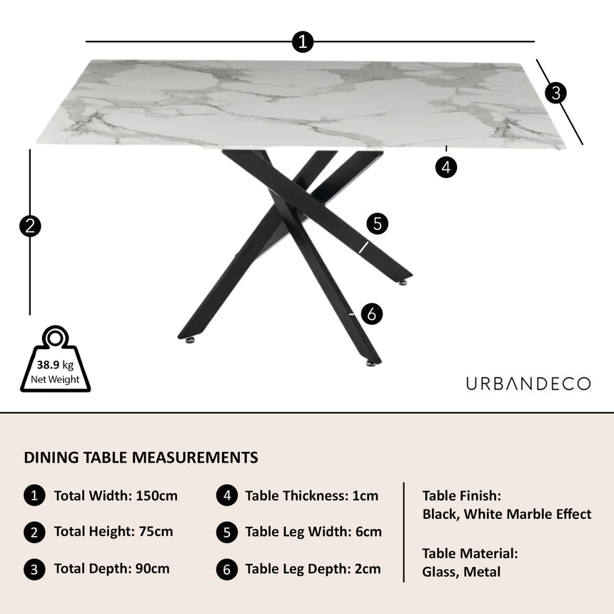 Ravenna Glass 6 Seater Dining Table with Black Metal Chopstick Legs