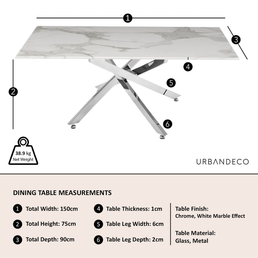 Rimini Glass 6 Seater Dining Table with Chrome Metal Chopstick Legs