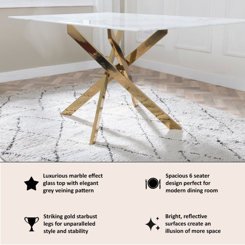 Venezia Glass 6 Seater Dining Table with Gold Metal Chopstick Legs