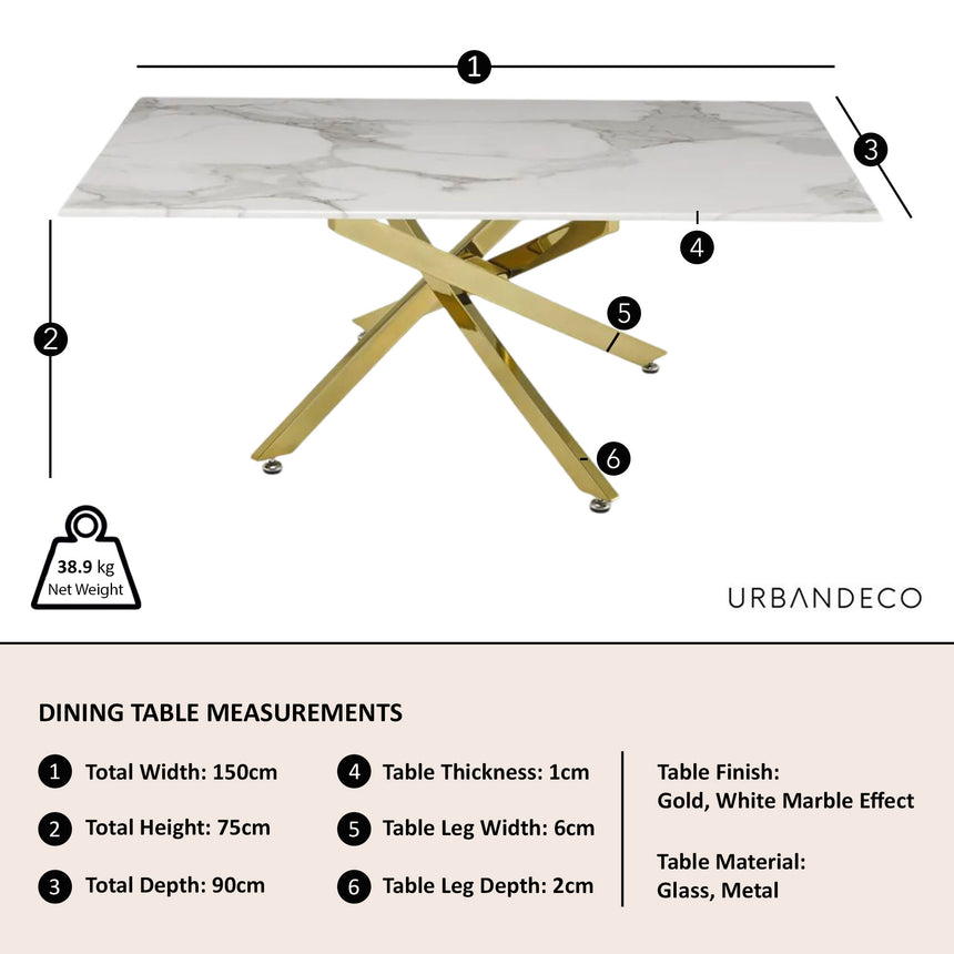 Venezia Glass 6 Seater Dining Table with Gold Metal Chopstick Legs