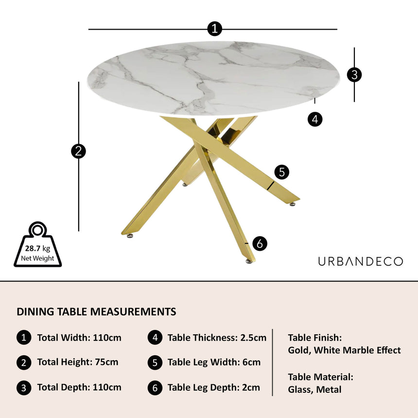 Venezia Glass 4 Seater Round Dining Table with Gold Metal Chopstick Legs