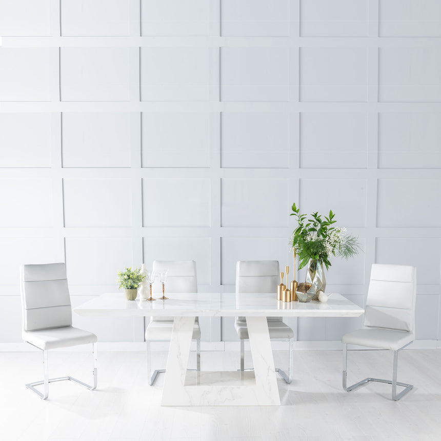 Pesaro Marble Dining Table Set, Rectangular White Top and Triangular Pedestal Base with Catania Cream Faux Leather Chairs